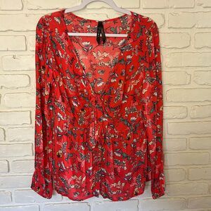 Luna Chix Red Floral V Neck Toe Front Cutout Long Sleeve Top Size Medium‎